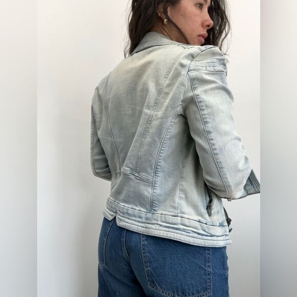 Y2K Light Wash Denim Biker Jacket Tommy Hilfiger Zip Front Silver Hardware S - Picture 4 of 15